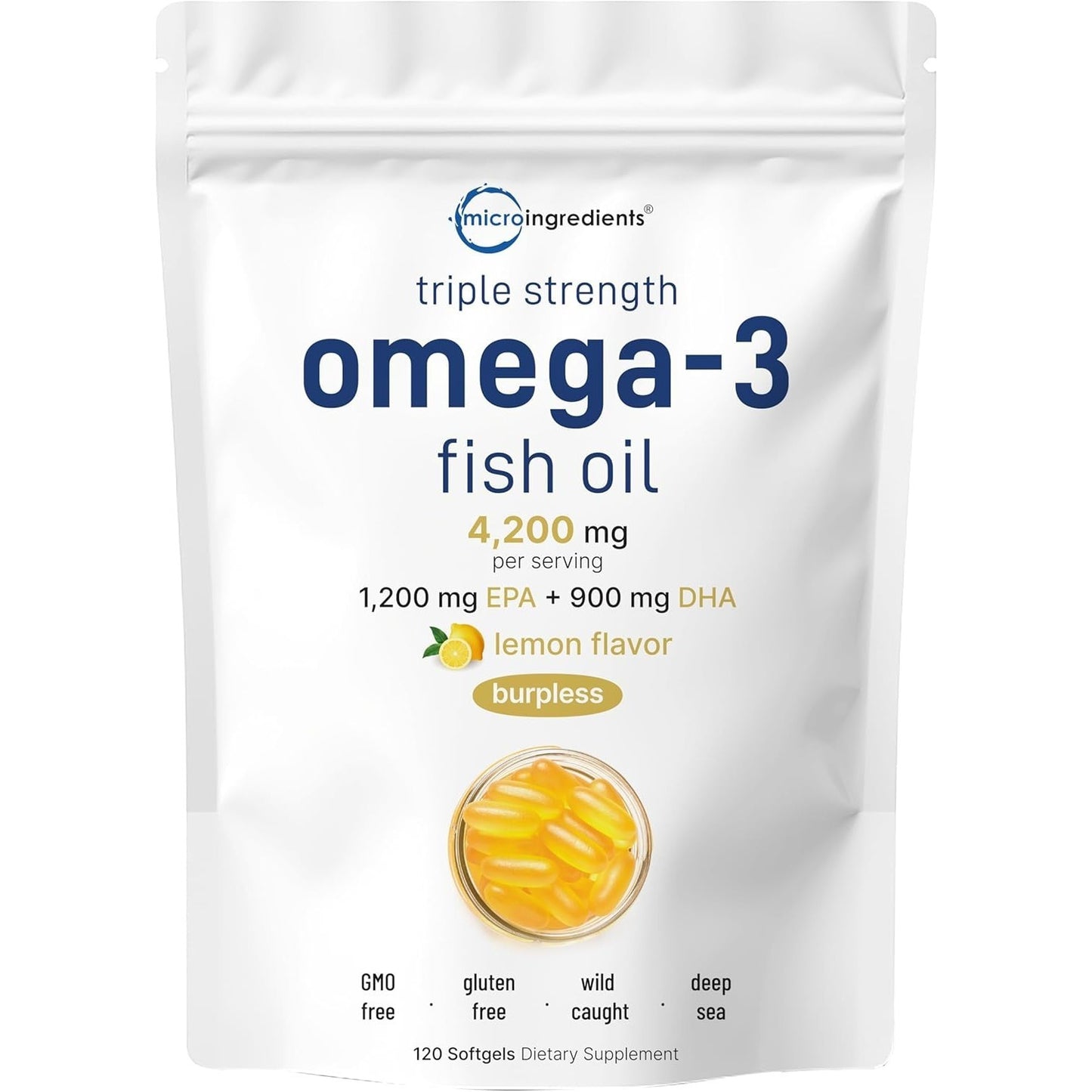 Triple Strength Omega 3 Fish Oil Supplements 4200mg Per Serving, 120 Softgels – Lemon Flavored – Burpless, EPA 1200mg + DHA 900mg Deep Sea Fish