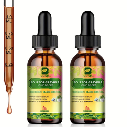 8-IN-1 Soursop Graviola Liquid Drops, NaturalGraviola Leaf & Fruit Complex Supplement with Sea Moss, Black Seed Oil, Elderberry, Burdock Root, Tumeric, Gluten-Free, 2fl.oz Bottle with Dropper for Daily Health & Wellness,mothe