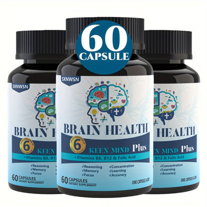 60 Capsules Brain Supplement for Memory And Focus Clinically Tested Nootropics for Concentration for Mental Clarity, Cognitive Enhancement Vitamins B6, B12