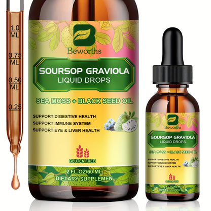 8-IN-1 Soursop Graviola Liquid Drops, NaturalGraviola Leaf & Fruit Complex Supplement with Sea Moss, Black Seed Oil, Elderberry, Burdock Root, Tumeric, Gluten-Free, 2fl.oz Bottle with Dropper for Daily Health & Wellness,mothe