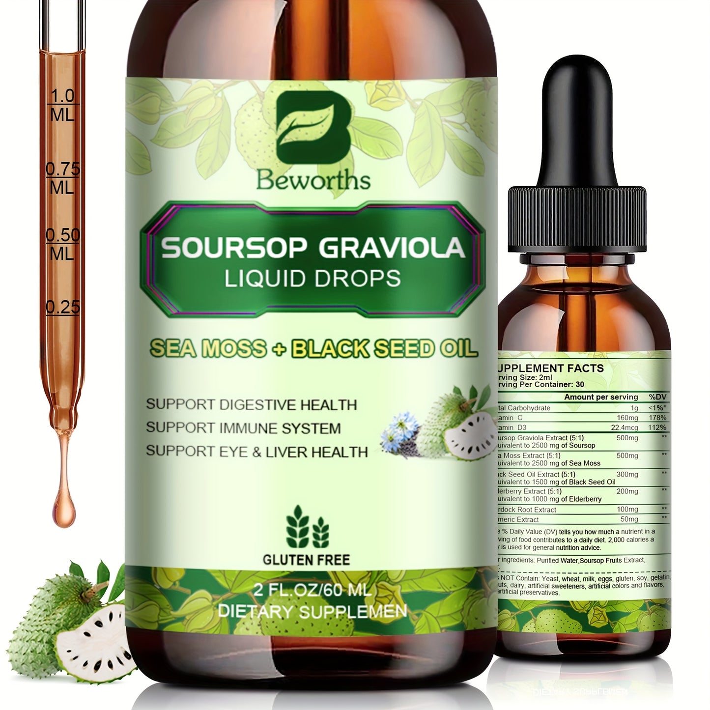 8-IN-1 Soursop Graviola Liquid Drops, NaturalGraviola Leaf & Fruit Complex Supplement with Sea Moss, Black Seed Oil, Elderberry, Burdock Root, Tumeric, Gluten-Free, 2fl.oz Bottle with Dropper for Daily Health & Wellness,mothe