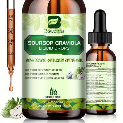 8-IN-1 Soursop Graviola Liquid Drops, NaturalGraviola Leaf & Fruit Complex Supplement with Sea Moss, Black Seed Oil, Elderberry, Burdock Root, Tumeric, Gluten-Free, 2fl.oz Bottle with Dropper for Daily Health & Wellness,mothe
