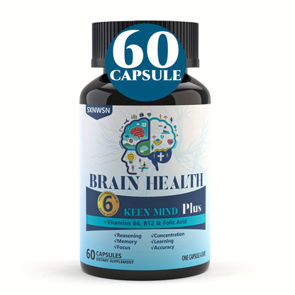 60 Capsules Brain Supplement for Memory And Focus Clinically Tested Nootropics for Concentration for Mental Clarity, Cognitive Enhancement Vitamins B6, B12