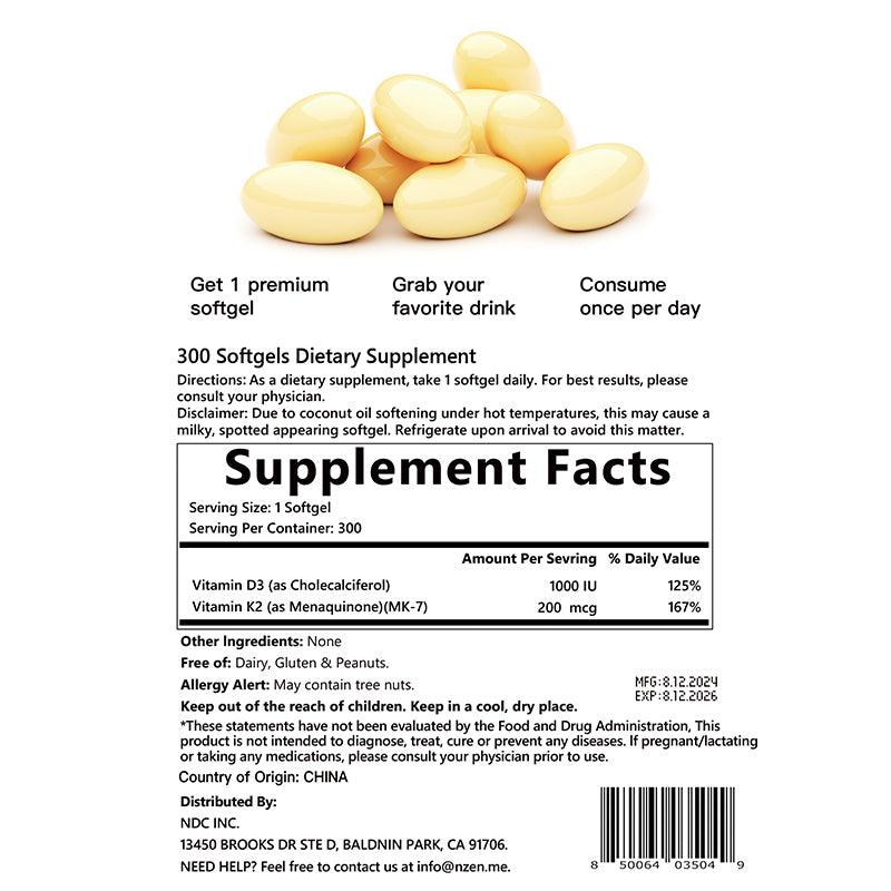 NZEN Vitamin D3 10000 IU Plus K2 (MK-7) 200 mcg, 300 Virgin Coconut Oil Softgels 2 in 1 Vitamins D & K Complex Supports Calcium Absorption, Bone, Immune, & Heart Health