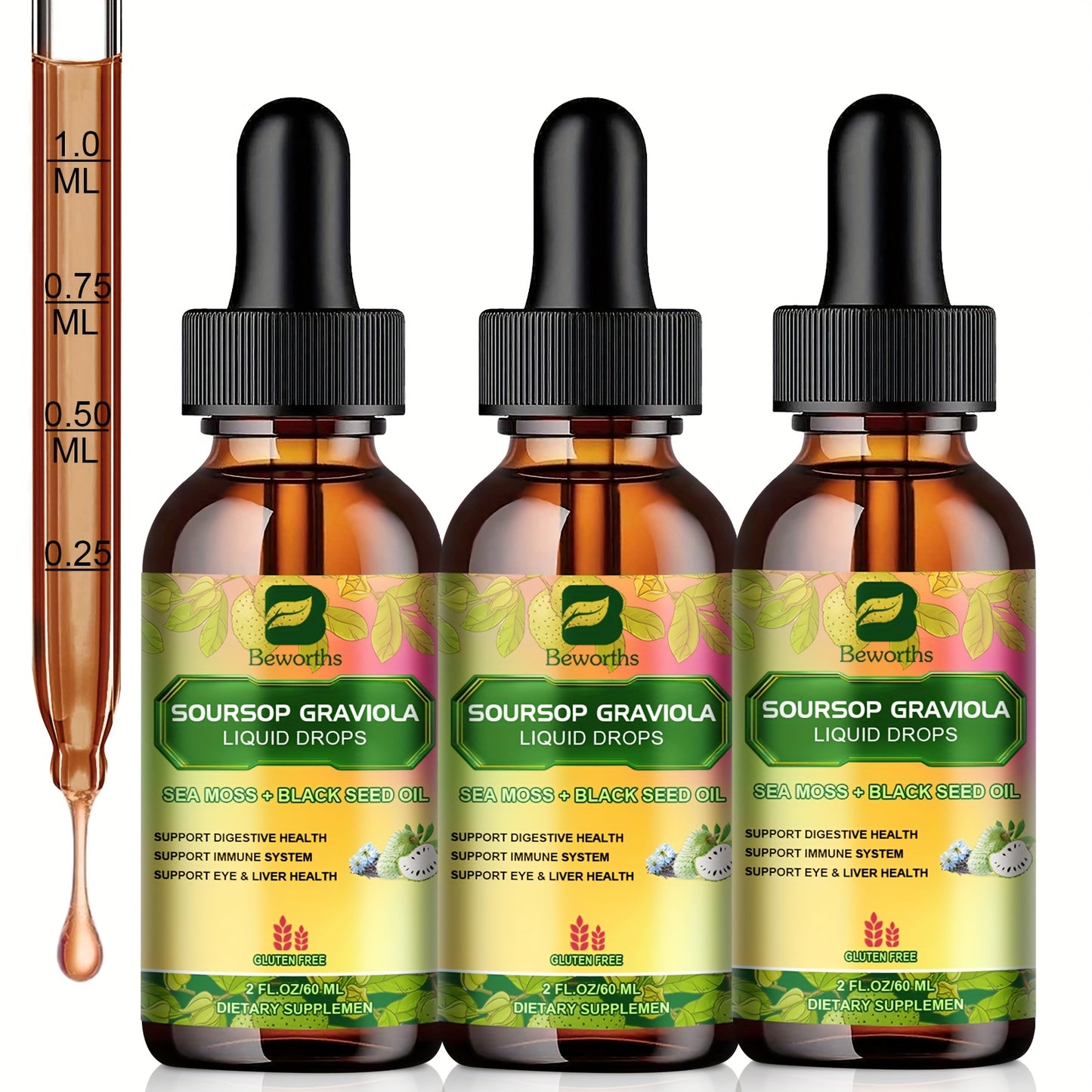 8-IN-1 Soursop Graviola Liquid Drops, NaturalGraviola Leaf & Fruit Complex Supplement with Sea Moss, Black Seed Oil, Elderberry, Burdock Root, Tumeric, Gluten-Free, 2fl.oz Bottle with Dropper for Daily Health & Wellness,mothe
