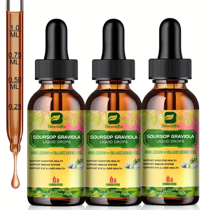 8-IN-1 Soursop Graviola Liquid Drops, NaturalGraviola Leaf & Fruit Complex Supplement with Sea Moss, Black Seed Oil, Elderberry, Burdock Root, Tumeric, Gluten-Free, 2fl.oz Bottle with Dropper for Daily Health & Wellness,mothe