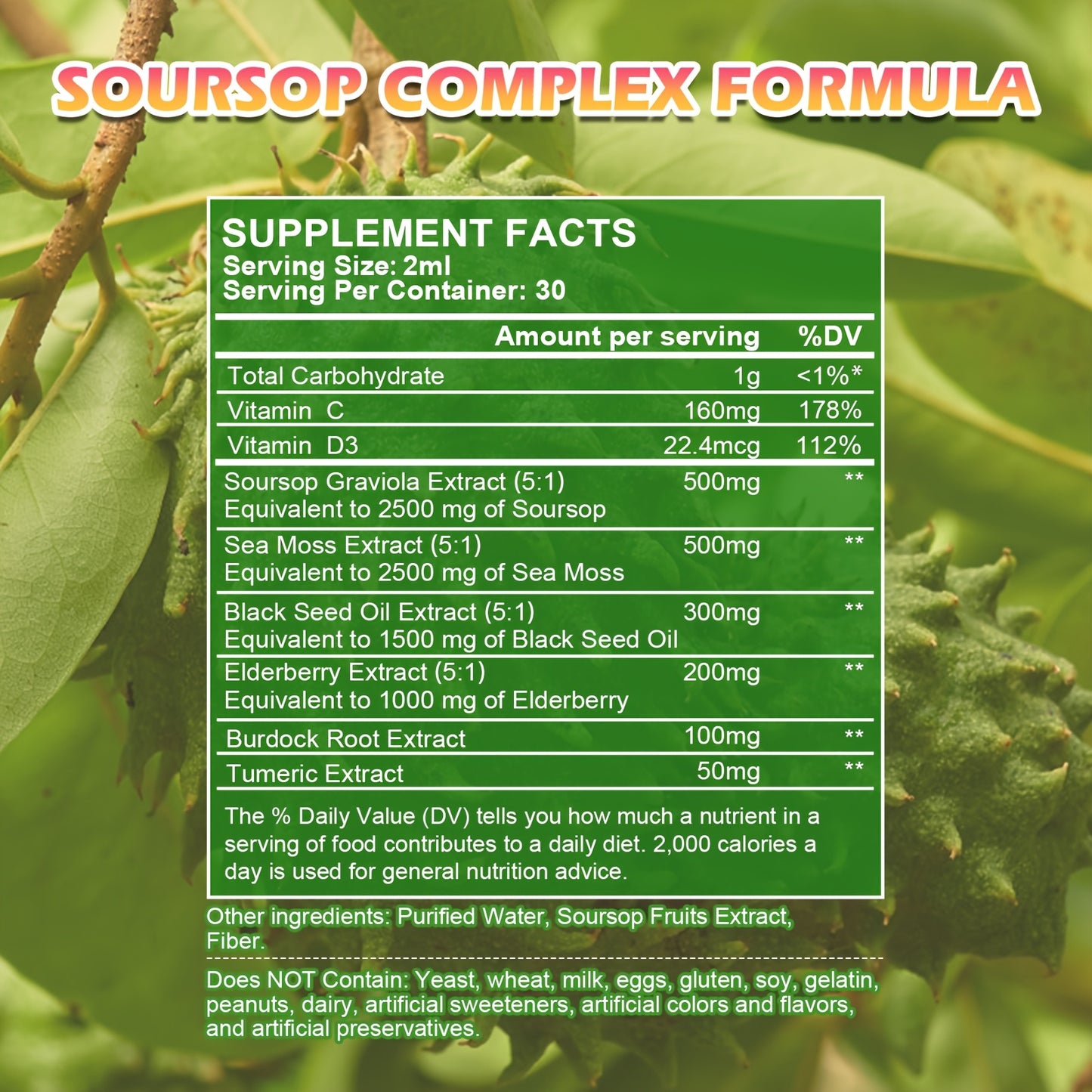 8-IN-1 Soursop Graviola Liquid Drops, NaturalGraviola Leaf & Fruit Complex Supplement with Sea Moss, Black Seed Oil, Elderberry, Burdock Root, Tumeric, Gluten-Free, 2fl.oz Bottle with Dropper for Daily Health & Wellness,mothe