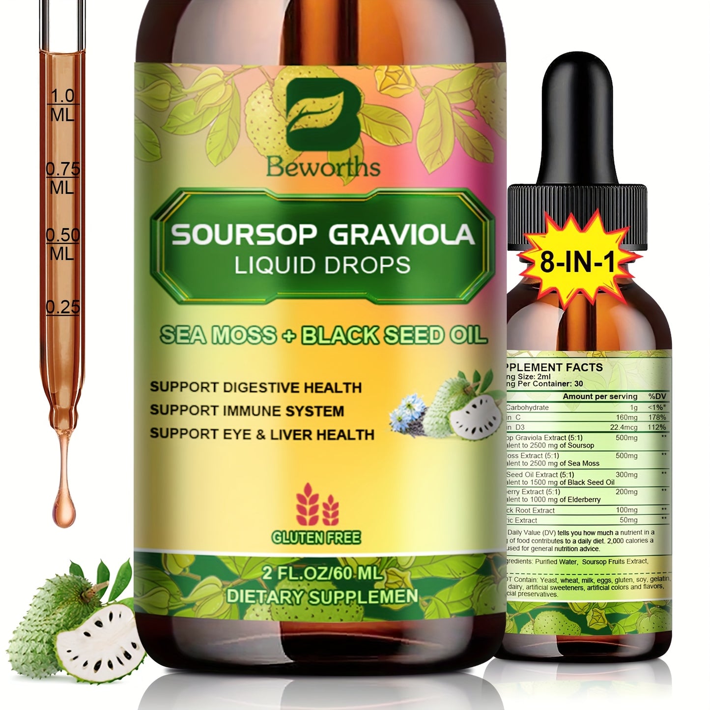 8-IN-1 Soursop Graviola Liquid Drops, NaturalGraviola Leaf & Fruit Complex Supplement with Sea Moss, Black Seed Oil, Elderberry, Burdock Root, Tumeric, Gluten-Free, 2fl.oz Bottle with Dropper for Daily Health & Wellness,mothe