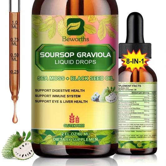 8-IN-1 Soursop Graviola Liquid Drops, NaturalGraviola Leaf & Fruit Complex Supplement with Sea Moss, Black Seed Oil, Elderberry, Burdock Root, Tumeric, Gluten-Free, 2fl.oz Bottle with Dropper for Daily Health & Wellness,mothe
