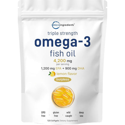 Triple Strength Omega 3 Fish Oil Supplements 4200mg Per Serving, 120 Softgels – Lemon Flavored – Burpless, EPA 1200mg + DHA 900mg Deep Sea Fish
