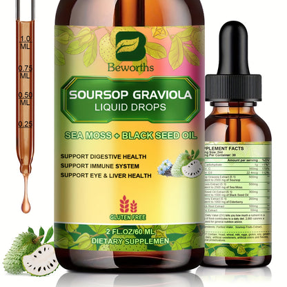 8-IN-1 Soursop Graviola Liquid Drops, NaturalGraviola Leaf & Fruit Complex Supplement with Sea Moss, Black Seed Oil, Elderberry, Burdock Root, Tumeric, Gluten-Free, 2fl.oz Bottle with Dropper for Daily Health & Wellness,mothe